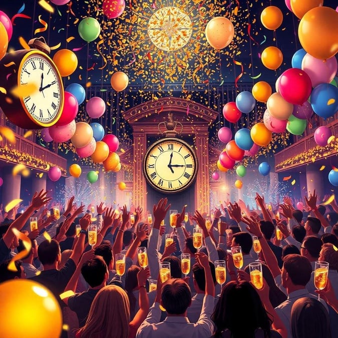 A lively New Year party in full swing with people reveling in joy, confetti falling from above, and fireworks igniting the sky. A clock on a wall counts down to midnight as the crowd cheers.