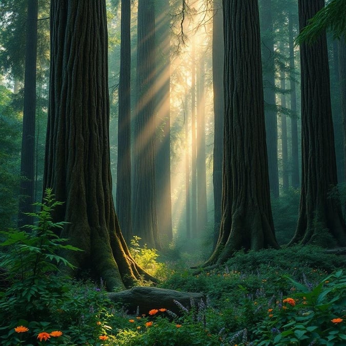 A serene scene in the heart of a majestic redwood forest, with towering trees reaching towards the light filtering through the canopy above.