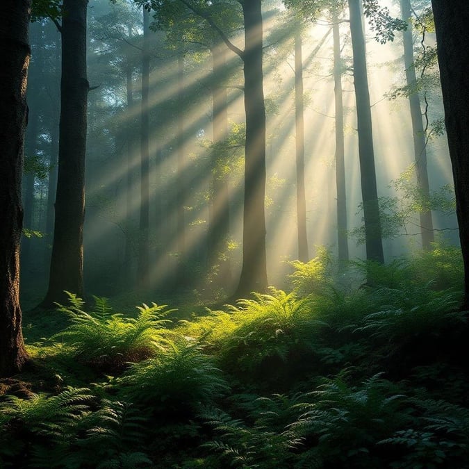 This beautiful nature wallpaper captures the serene beauty of sunlight filtering through the trees. The image features a stunning forest scene with sunlight streaming through the leaves, creating a sense of tranquility and peace. The perfect desktop or mobile wallpaper for nature lovers.