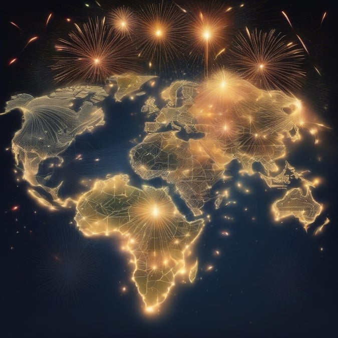 A breathtaking world map at night, set ablaze by fireworks in celebration of the New Year.