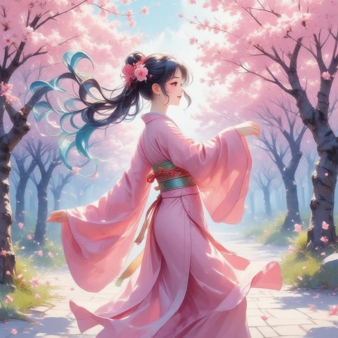 Dieser beeindruckende Anime-Hintergrund zeigt ein Mädchen in einem schönen rosa Kimono, das an blühenden Kirschbäumen anmutig tanzt. Ihr Haar ist eine lebendige Mischung aus Blau und Grün, die zur bezaubernden Atmosphäre beiträgt. Der Hintergrund ist mit weiteren Kirschbäumen gefüllt und schafft eine ruhige und friedliche Szene.