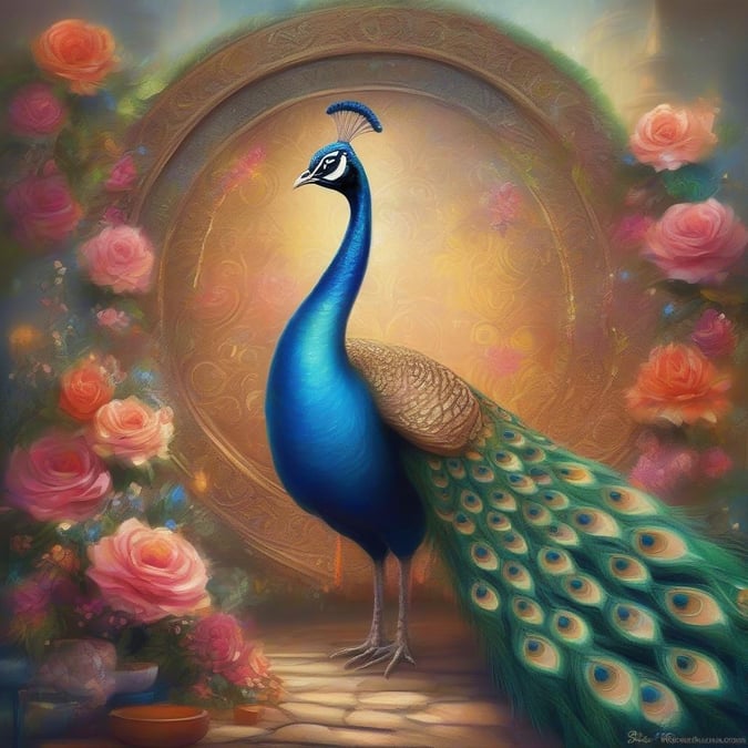 Celebrate the spirit of Diwali with a vibrant peacock feather backdrop. The radiant peacock stands proudly, surrounded by blooming roses and a halo of light, ready to spread joy and color this festive season.