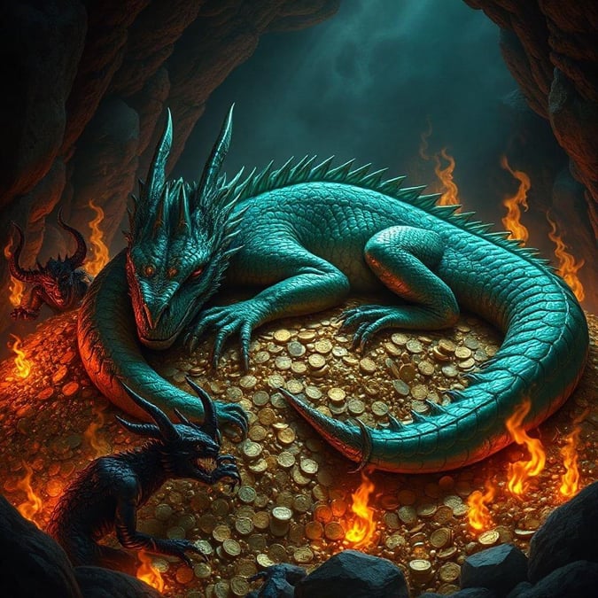 In this enchanting scene, a majestic dragon lies in repose amidst a treasure trove. The dragon, with its vibrant scales shining like emeralds, is the undeniable focal point of the image. Surrounding the dragon are piles of coins and jewels, their rich colors contrasting beautifully against the dragon's green hues. Flanking the dragon on both sides are two ferocious, black-scaled demons, adding a touch of danger to the otherwise serene setting. The backdrop is a dark cave with fiery torches casting an ominous glow, hinting at tales untold in this fantastical realm.