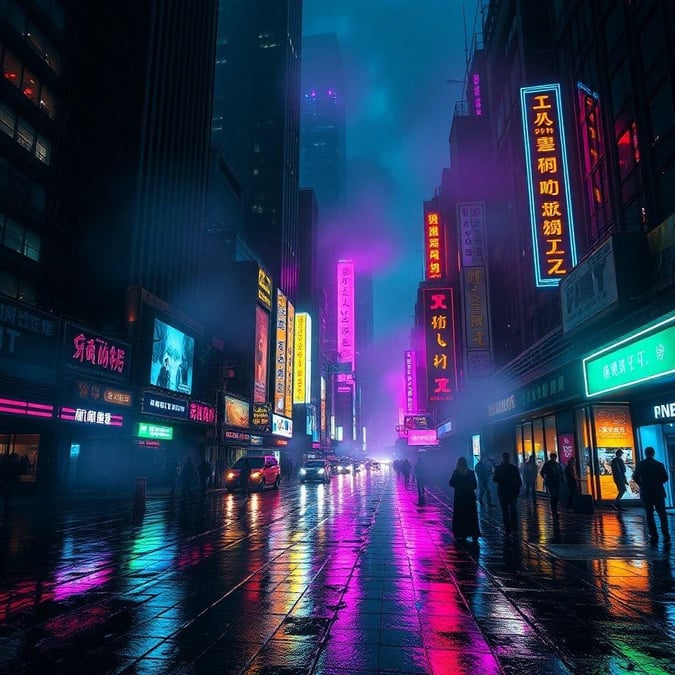 A bustling city street at night, under a canopy of neon lights. The glow from the signs reflect on wet pavement, creating a colorful spectacle. The vibrant energy of an urban night scene.