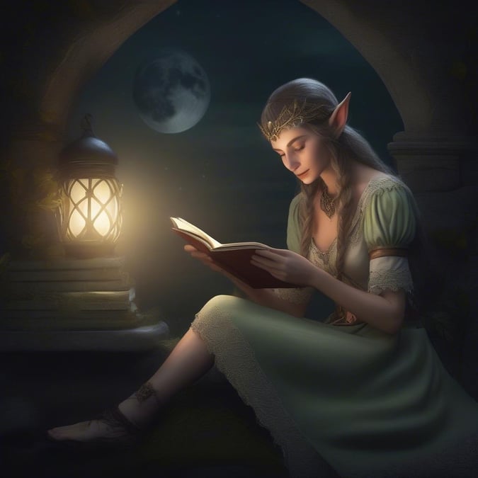 Step into a world of fantasy and magic with this captivating image of a beautiful elf princess reading by the light of a lantern under the watchful gaze of the moon.