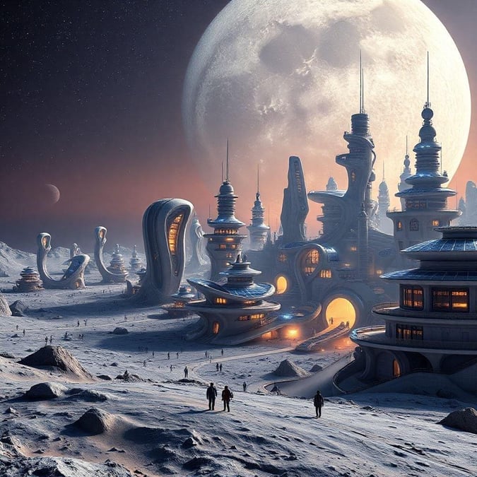 A stunning night view of an extraterrestrial outpost on the moon, bathed in otherworldly light. The cityscape is a marvel of futuristic design, with domed buildings and tall structures reaching towards the sky.