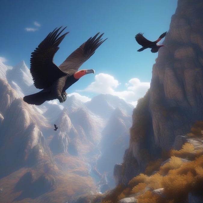 Two majestic vultures, wings spread wide, soar over a serene mountain landscape, embodying freedom and the grandeur of nature.