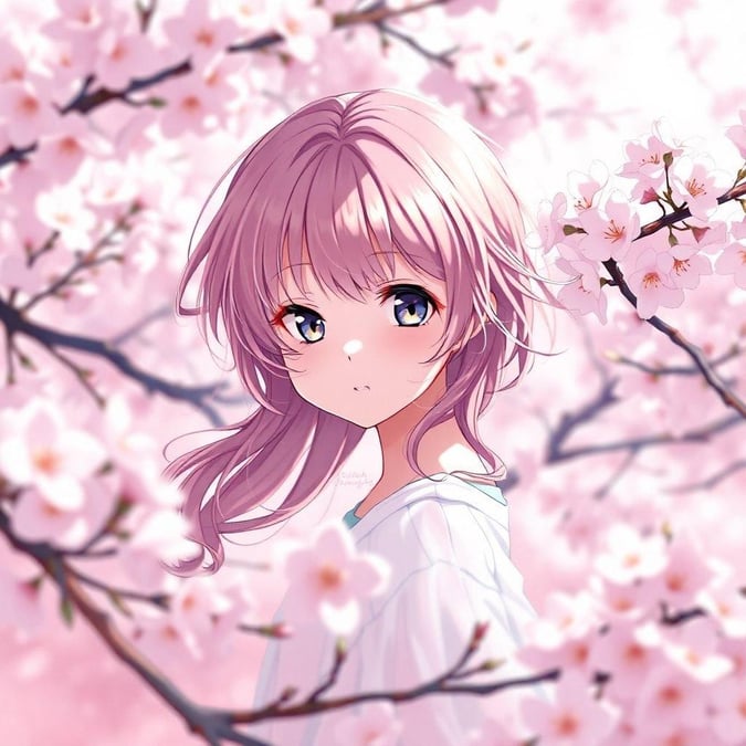 This wallpaper features a beautiful anime girl surrounded by cherry blossom trees, creating a serene and peaceful atmosphere.