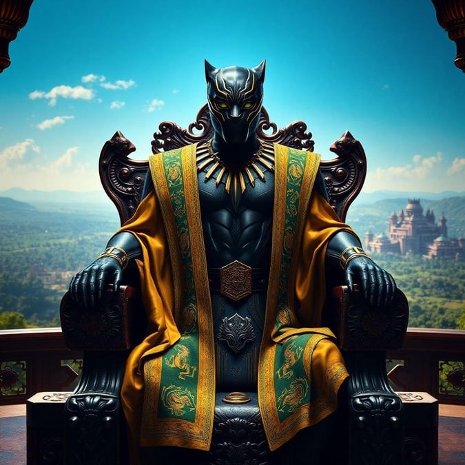 Une image majestueuse de Black Panther assis sur un trône, avec une vue de la ville derrière lui. L'image est parfaite pour les fonds d'écran de bureau et mobile, et c'est un excellent moyen de montrer votre amour pour l'univers cinématographique Marvel.