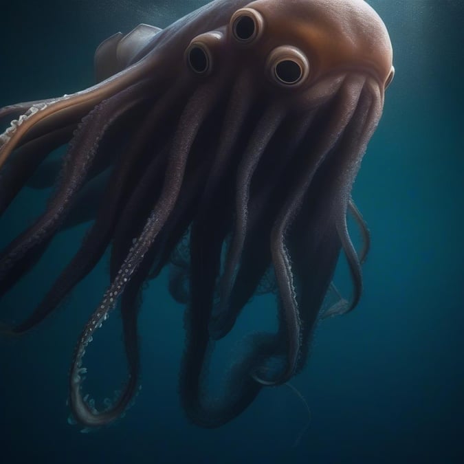 Immerse yourself in the mystical world beneath the waves with this close-up view of a giant Amazonian octopus. Its eight legs are clearly visible, each one a marvel of evolution's design. The deep blue water adds to the serene atmosphere, making this image perfect for your desktop or mobile device.