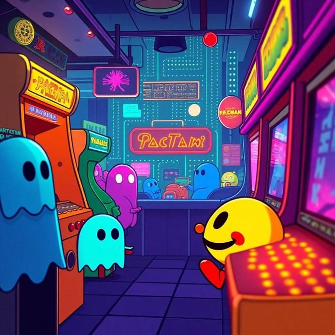 Get ready to step back in time with this retro gaming arcade! Join Pac-Man, Ghostbuster Pac-Man and the Ghost Gang for a night of fun! The neon lights, the familiar pixelated graphics, and the iconic characters from classic video games are all present in this digital recreation. Bring back memories or make new ones with these timeless favorites.