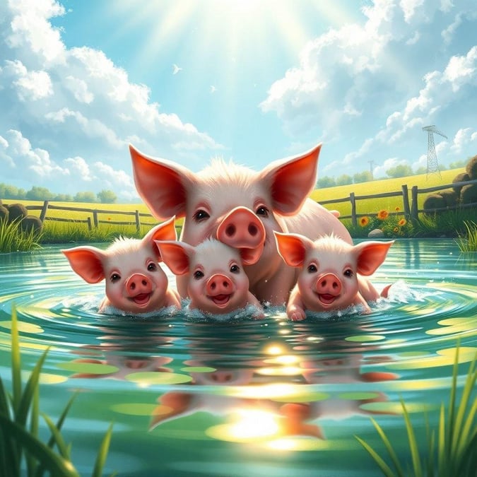 In this delightful Mother's Day image, a mother pig leads her three baby pigs into a pond for some refreshing family fun. The water is crystal clear and inviting, under a blue sky with fluffy white clouds that add to the joyous atmosphere.