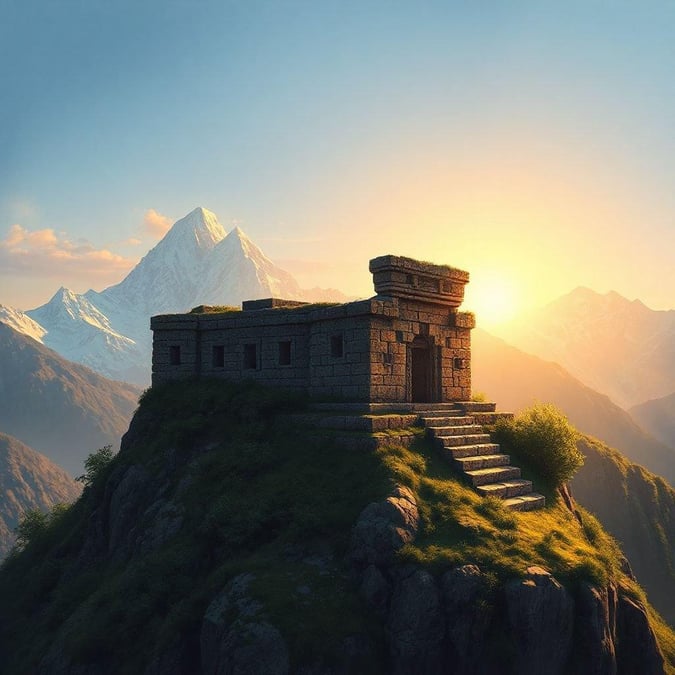 This image captures the breathtaking beauty of an ancient ruin nestled in the mountains