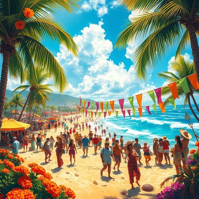 A bustling beach with a vibrant crowd enjoying the sun, sand, and surf.