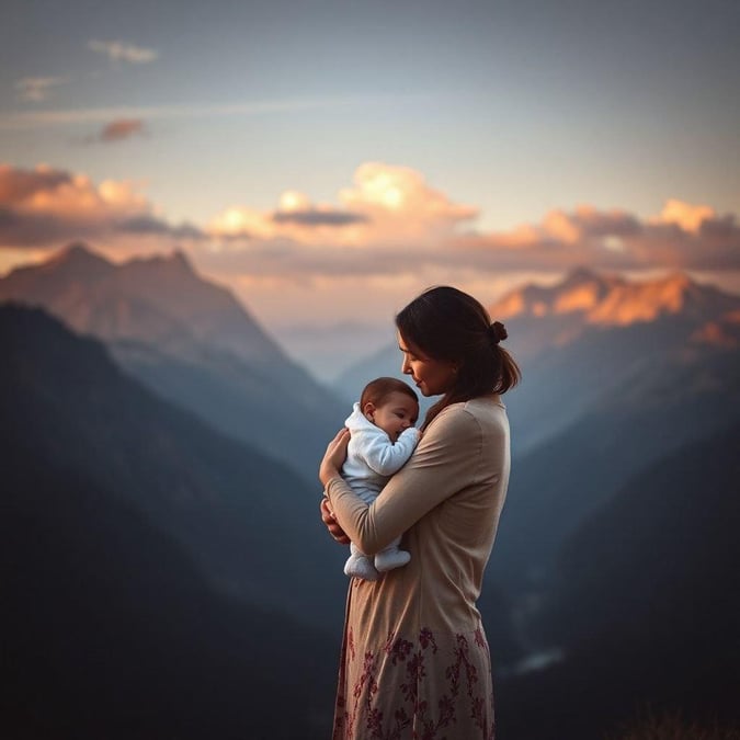 A mother shares a tender moment at sunset, surrounded by the majestic mountains. Perfect for a wallpaper to celebrate all mothers and their loving care on this special day.