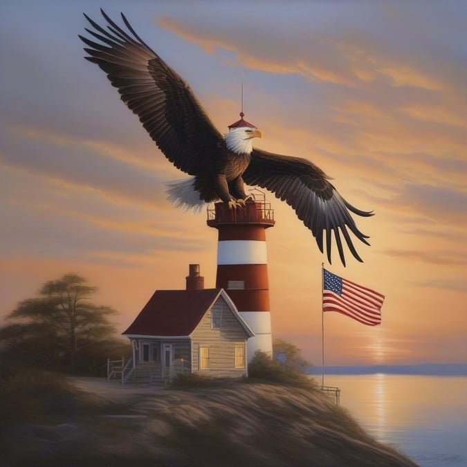 A majestic bald eagle, the national bird of the United States, is depicted soaring over a lighthouse. The scene is set against a backdrop of a sunset, symbolizing patriotism and freedom. The lighthouse, a beacon of guidance and security, stands in the foreground with the American flag proudly displayed, signifying our commitment to independence and democracy.