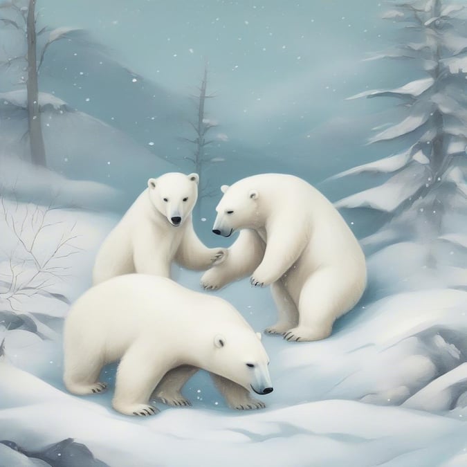 This festive winter scene captures three adorable polar bears enjoying their time in a snowy landscape. Their playful demeanor adds to the joy of the image, making it a perfect desktop and mobile wallpaper for any winter enthusiast.