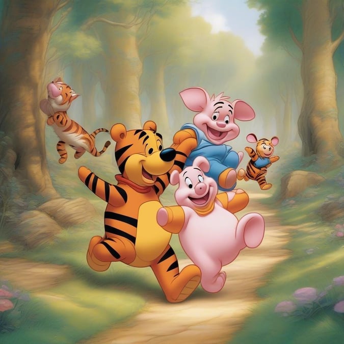 A delightful scene from the Disney classic, featuring beloved characters such as Winnie the Pooh and his friends on a cheerful stroll through the forest.