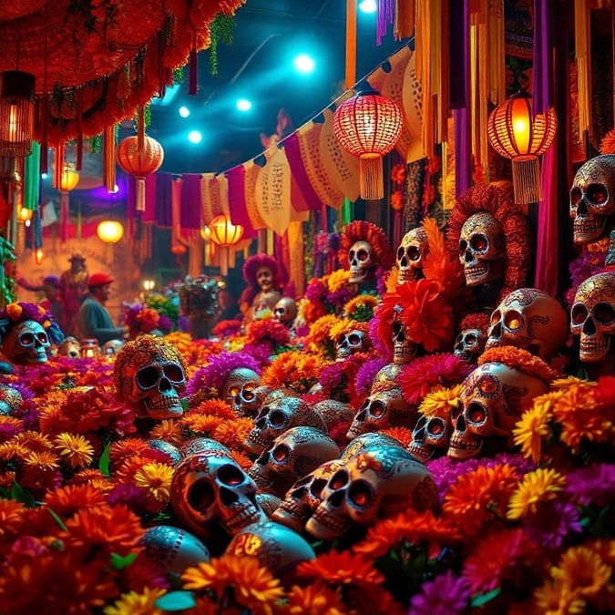 This vibrant wallpaper captures the essence of the Day of the Dead celebration, a traditional Mexican holiday honoring loved ones who have passed away. The image is filled with colorful skulls, marigolds, and other festive decorations, creating a lively and festive atmosphere.