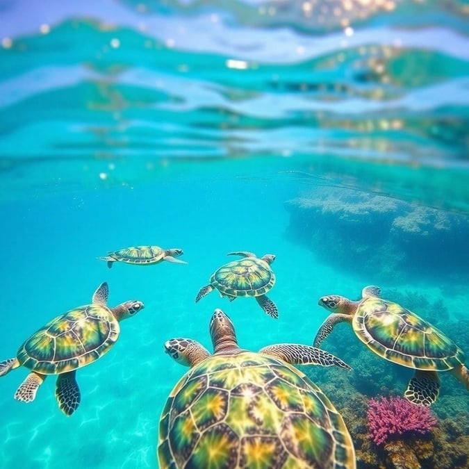 This wallpaper captures the majestic beauty of sea turtles as they gracefully navigate through the clear blue waters. A perfect desktop or mobile image for anyone who loves ocean life and marine creatures.