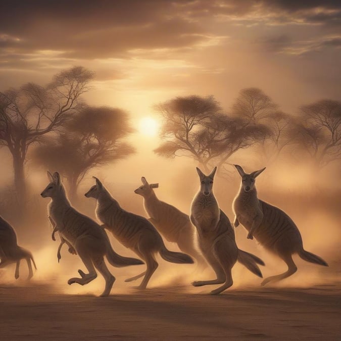 This image captures the beauty of kangaroos in their natural habitat. The outback is a vast and remote region in Australia, characterized by its arid desert landscape and unique wildlife. In this image, kangaroos are depicted in their natural environment, showcasing their agility and grace as they hop across the desert floor. The image highlights the importance of conservation efforts to protect these magnificent creatures and their habitats.