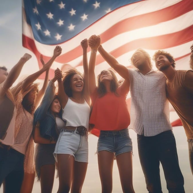 Group of friends joyfully embracing American flag, reflecting patriotism on Independence Day.