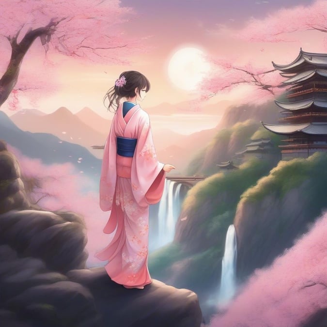 A peaceful scene at sunset, featuring an anime girl in a traditional kimono gazing at cherry blossoms and mountains.