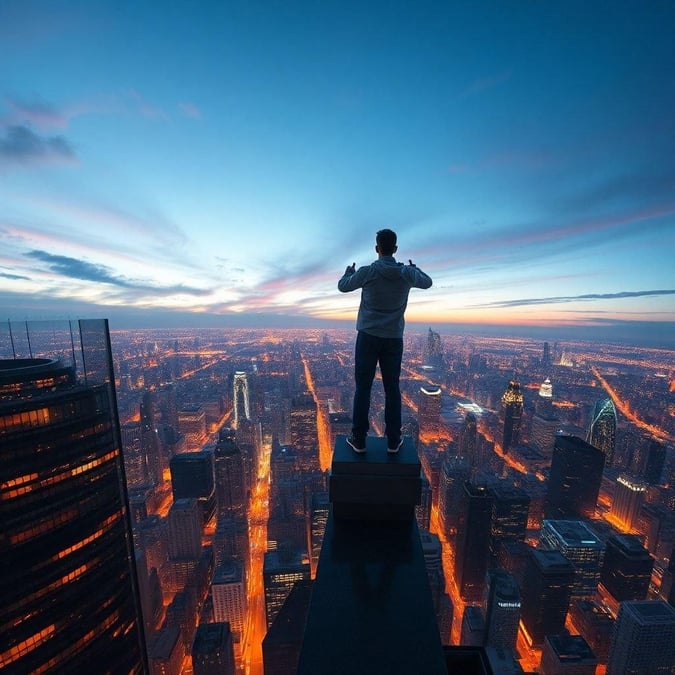 A city skyline at dusk, with lights twinkling against the darkening sky. A lone figure stands on a high vantage point, possibly reflecting on the beauty of the day or preparing for the night ahead. The image evokes a sense of tranquility and introspection amidst the urban jungle.