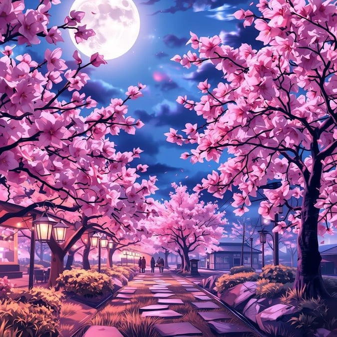 Experience the enchanting beauty of a moonlit hanami festival, where blooming sakura trees and a peaceful moonlit sky create a serene atmosphere.