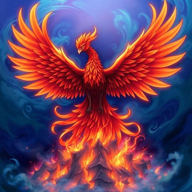 A majestic phoenix rises from the ashes, its wings spread wide, set against a serene backdrop of blues and greens.