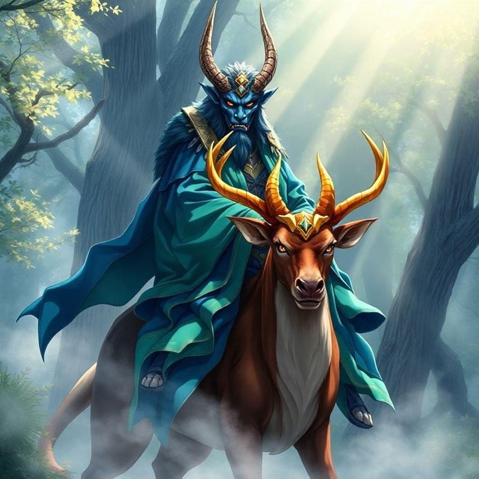 A captivating anime illustration of a serene moment in nature, where a mystical oni warrior rides a stag with a golden horn, set against a misty forest backdrop.