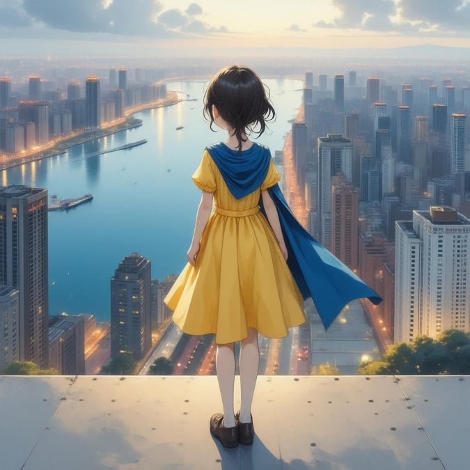 An anime girl's journey begins as she stands overlooking the cityscape at dusk, contemplating her adventures ahead.