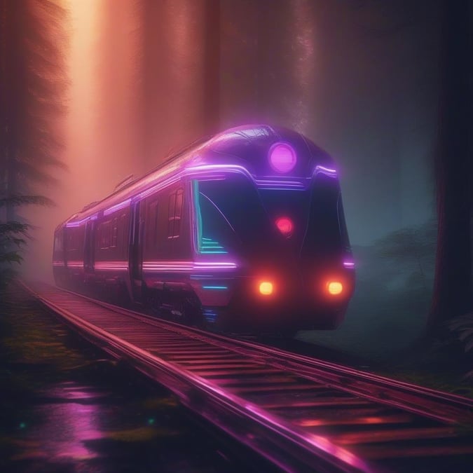 A futuristic train journeying through the neon-lit forest at night. The magical glow of the cyberpunk setting illuminates the tracks and adds a sense of adventure to the ride.