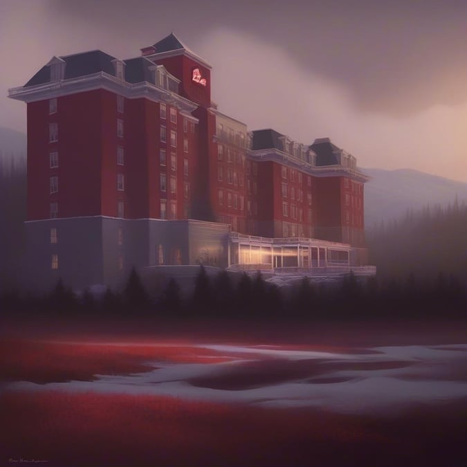 A red brick hotel in the snow, with fog surrounding it. The place exudes a sense of mystery and adventure.