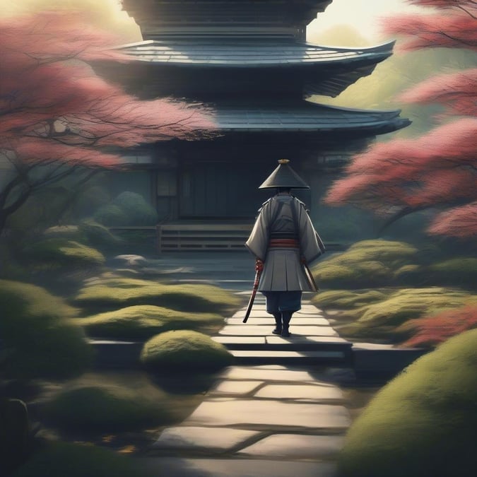 A samurai walking towards an oriental temple at sunrise, symbolizing peacefulness and spirituality. A tranquil scene set in nature.