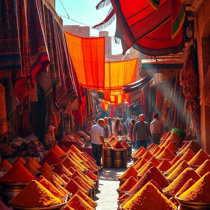 This stunning image captures the vibrant colors and bustling energy of a traditional Moroccan souk, where merchants and shoppers come together to exchange goods and stories.