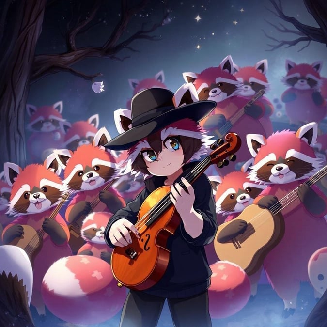 Get ready to groove with this adorable anime tanuki orchestra, where mischievous tanuki play instruments in vibrant colors against a muted background.