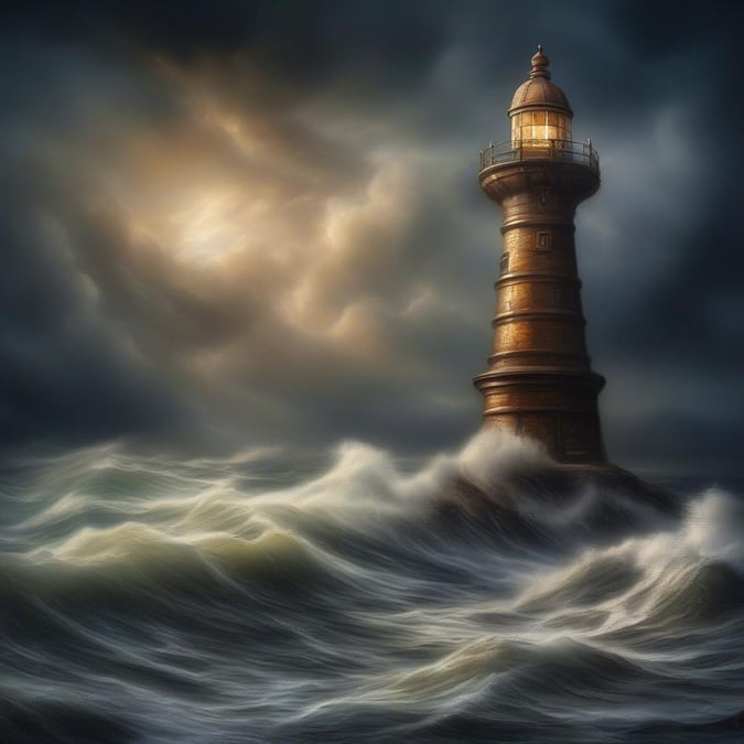 Basking in the light of a distant sun, this lighthouse stands as a beacon amidst the churning waves. The scene captures the essence of travel and adventure, where nature's power is a constant reminder.