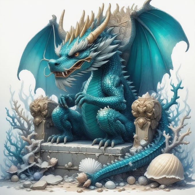 A serene anime-style digital illustration of a majestic blue dragon king seated on a coral and shell throne. The intricate details on the dragon's body and head showcase its regal status.