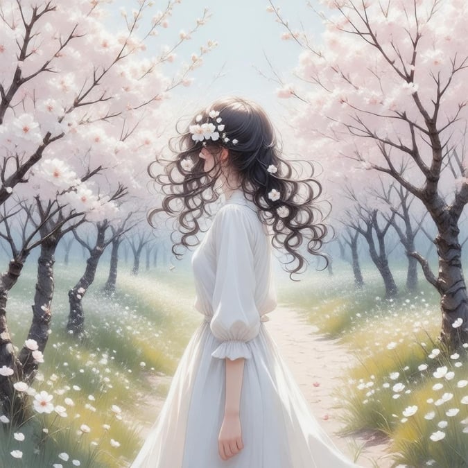 Este impressionante papel de parede de anime apresenta uma garota serena e bonita em um campo de cerejeiras, com seu cabelo adornado com delicadas flores brancas e rosas. A imagem captura um momento de tranquilidade e paz, perfeita para uso em desktop e móvel.