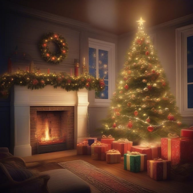 This wallpaper is a beautiful and festive representation of a Christmas scene, perfect for the holiday season. The image features a beautifully decorated Christmas tree, a cozy fireplace, and a warm and inviting living room setting, making it a great addition to any home or office.