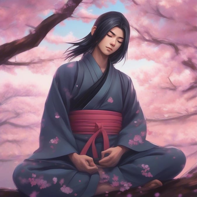 A serene anime character enjoys the beauty of cherry blossoms, embodying tranquility and connection with nature.