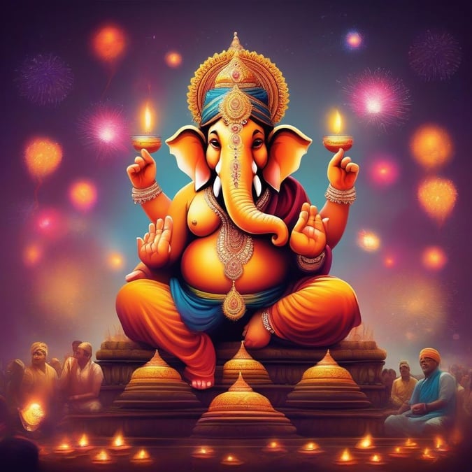 När firandet börjar, låt oss hedra Lord Ganesha, hinderborttagaren och visdomens bringare. Denna bakgrundsbild visar ett livligt digitalt konstverk som skildrar den älskade elefantgudomen i traditionell klädsel, omgiven av festliga fyrverkerier och hängivna i tillbedjan. Bilden är placerad mot en bakgrund som väcker den glädjefyllda atmosfären av Diwali-firandet.