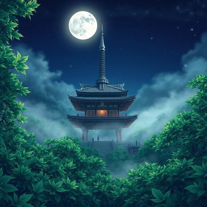 Immerse yourself in the mystical world of anime with this stunning Shinto shrine wallpaper, where ancient and futuristic structures blend seamlessly under the moonlit sky.