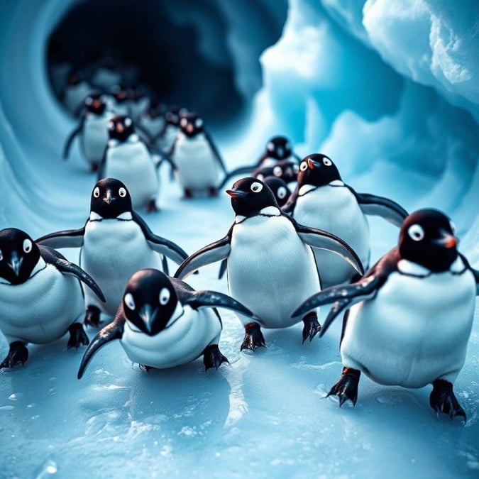 This image is a delightful wallpaper featuring a group of penguins waddling in a line, their cute faces and fluffy feathers making them hard to resist.