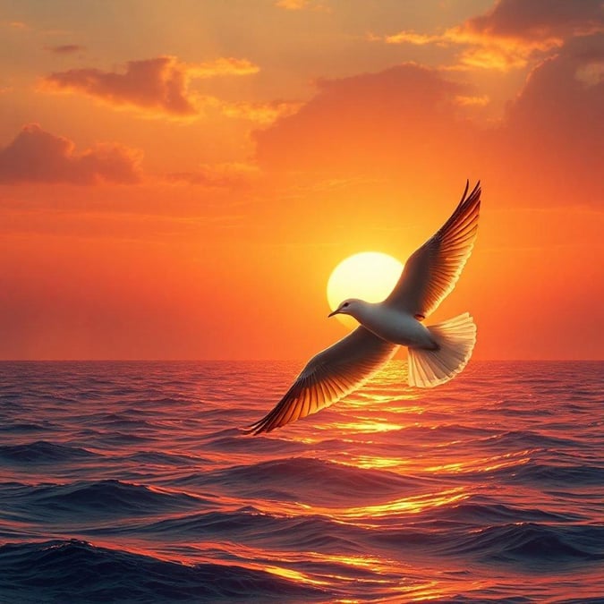 A seagull spreading its wings to take flight during a warm sunset over the ocean, symbolizing freedom and new beginnings.