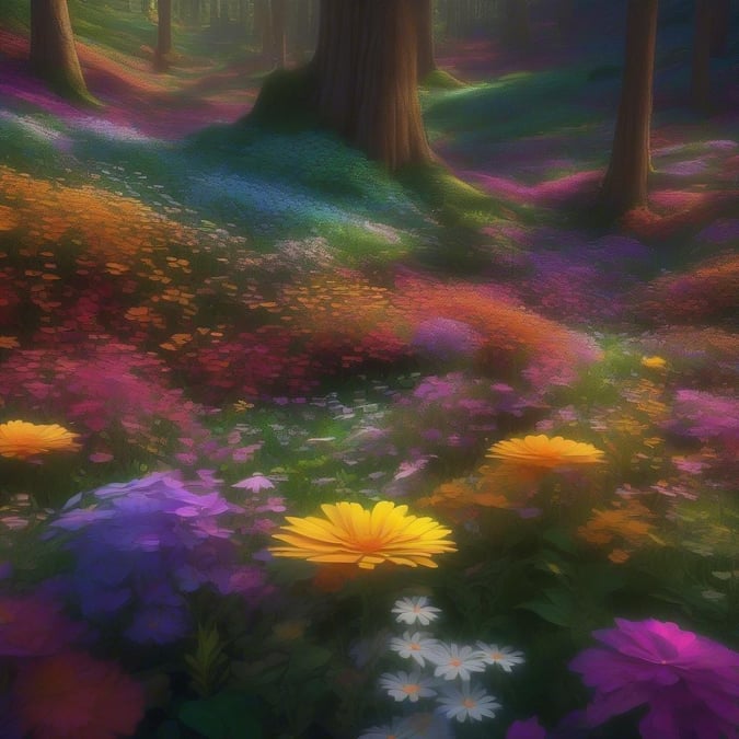 This lush forest meadow is a vibrant celebration of nature. A riot of colorful flowers blooms in the heart of this woodland wonderland, creating a dreamy and inviting atmosphere perfect for relaxation or contemplation.