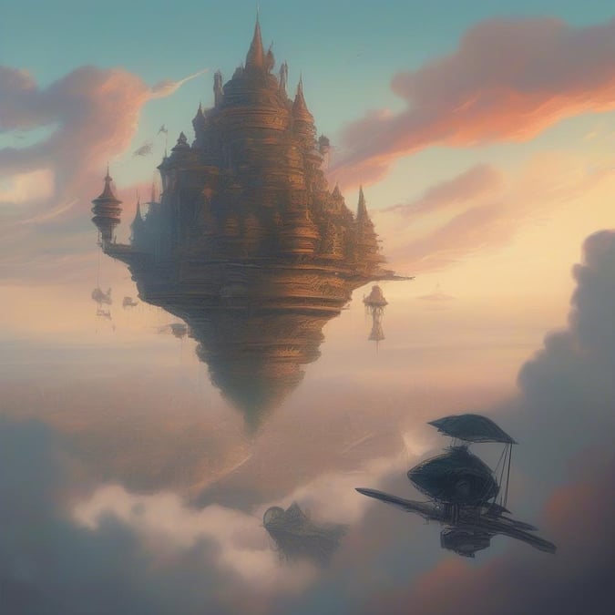 An enchanting scene from a fantasy world, featuring a floating island castle amidst the clouds. The warm glow of the sunset casts a magical aura over this surreal landscape.