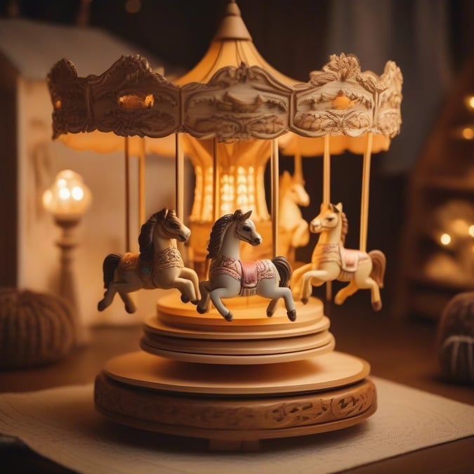 Step into a nostalgic world where dreams take flight. This whimsical miniature carousel, complete with wooden horses and intricate designs, is a charming piece of art that will bring a touch of vintage charm to your desktop or mobile device.