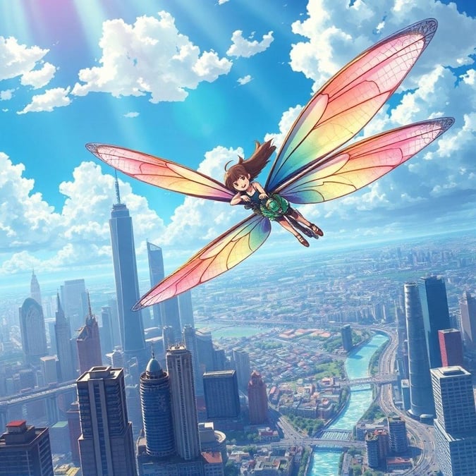 This anime illustration depicts a young girl riding on the back of a majestic dragonfly, soaring above a vibrant cityscape. The scene is awash in blues and greens, with towering buildings and a river, creating an aura of magic and fantasy.